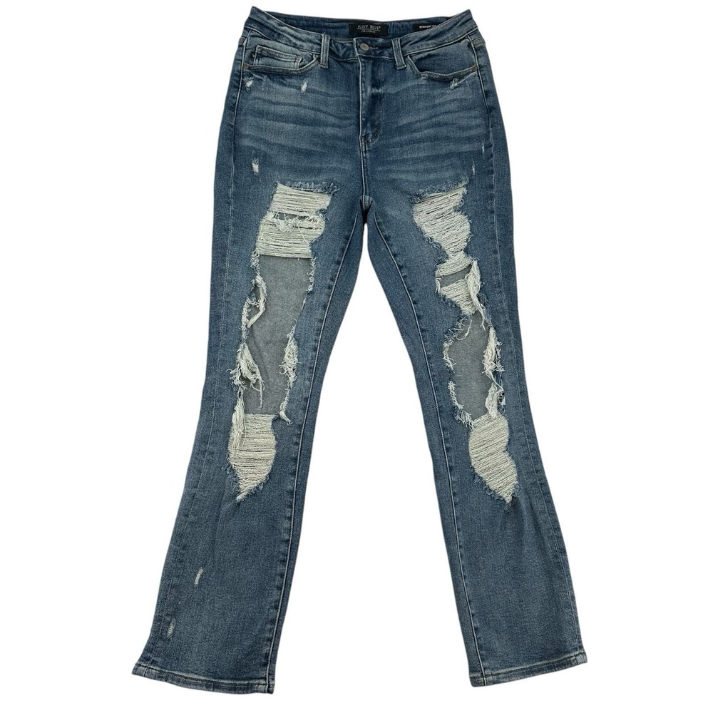 Judy Blue Straight Fit Distressed Shredded Jeans Medium Wash Grunge Revival 30